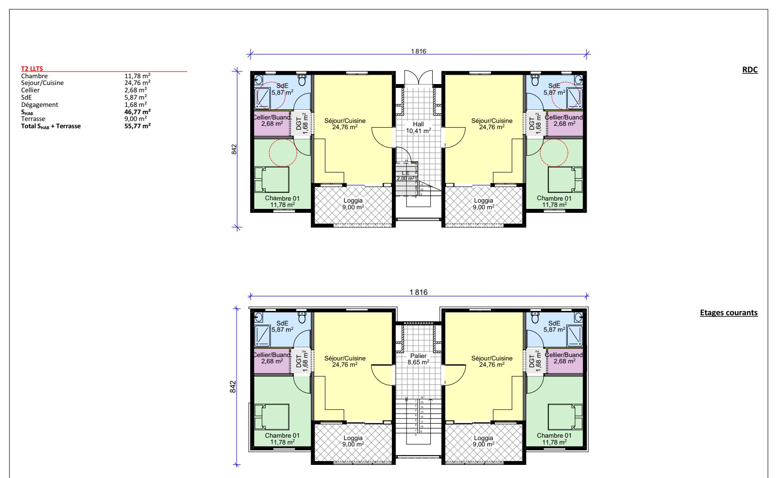 Plans de distribution des logements T2 LLTS en collectif