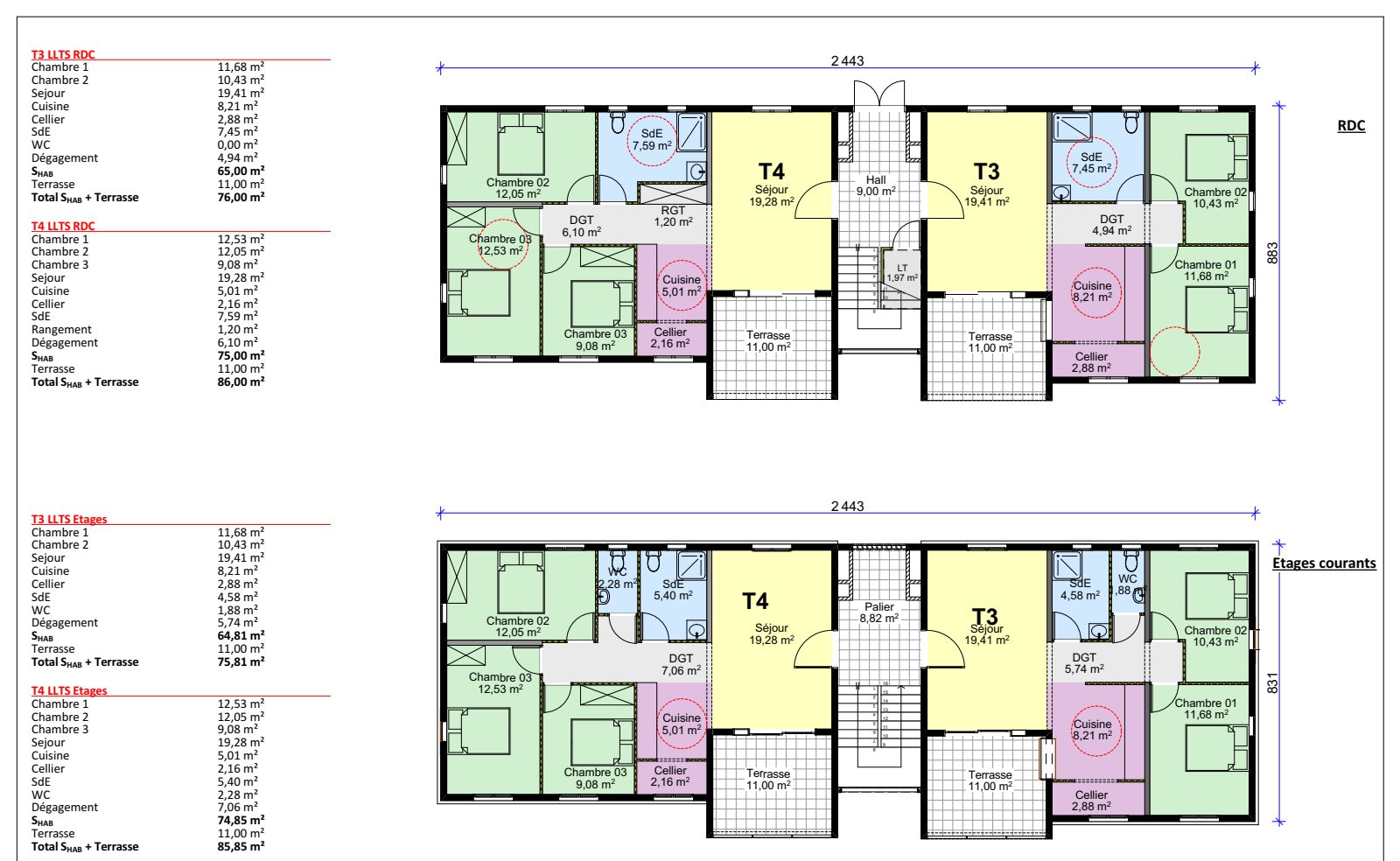 Plans de distribution des logements T3 et T4 LLTS en collectif