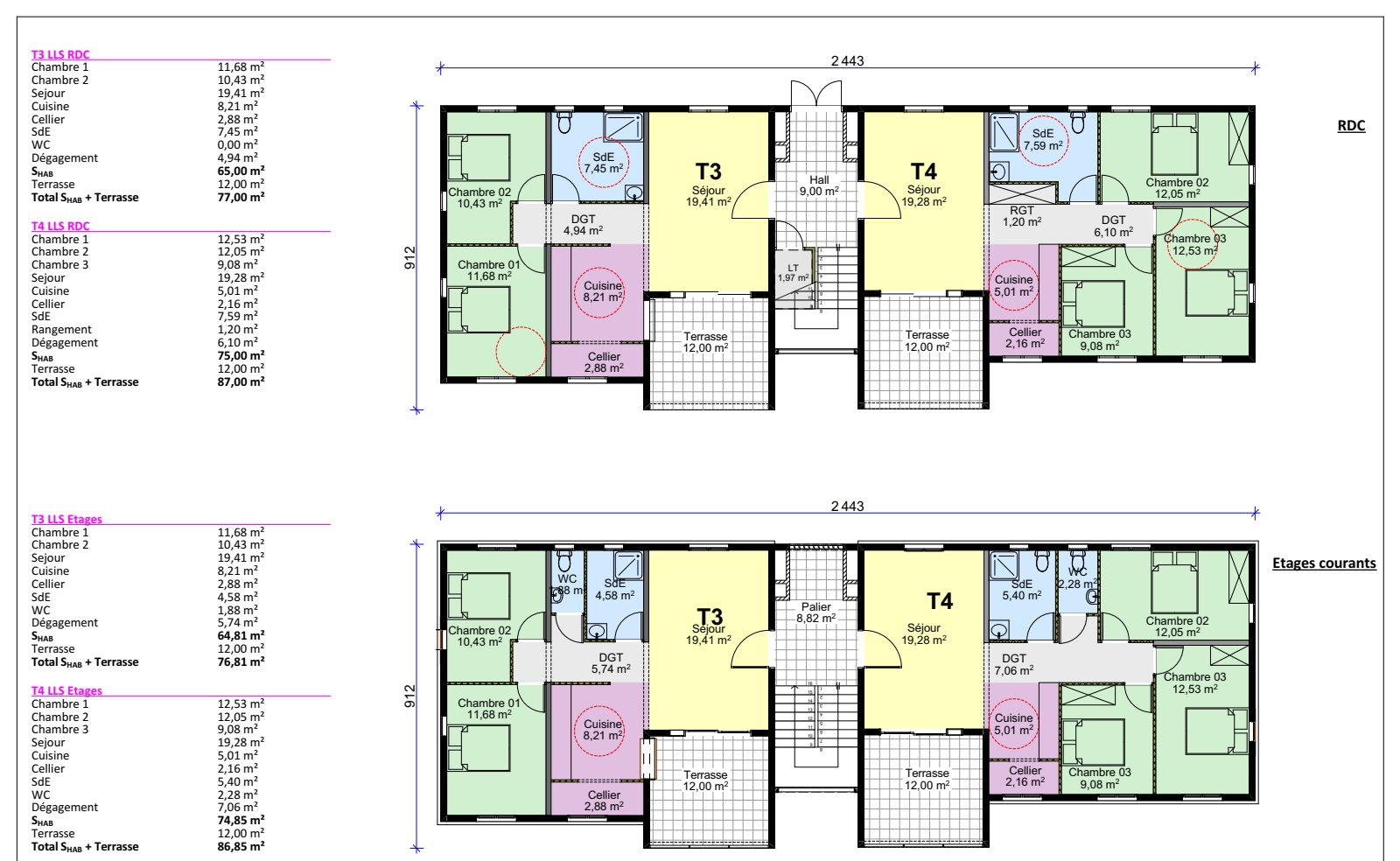 Plans de distribution des logements T3 et T4 LLS en collectif