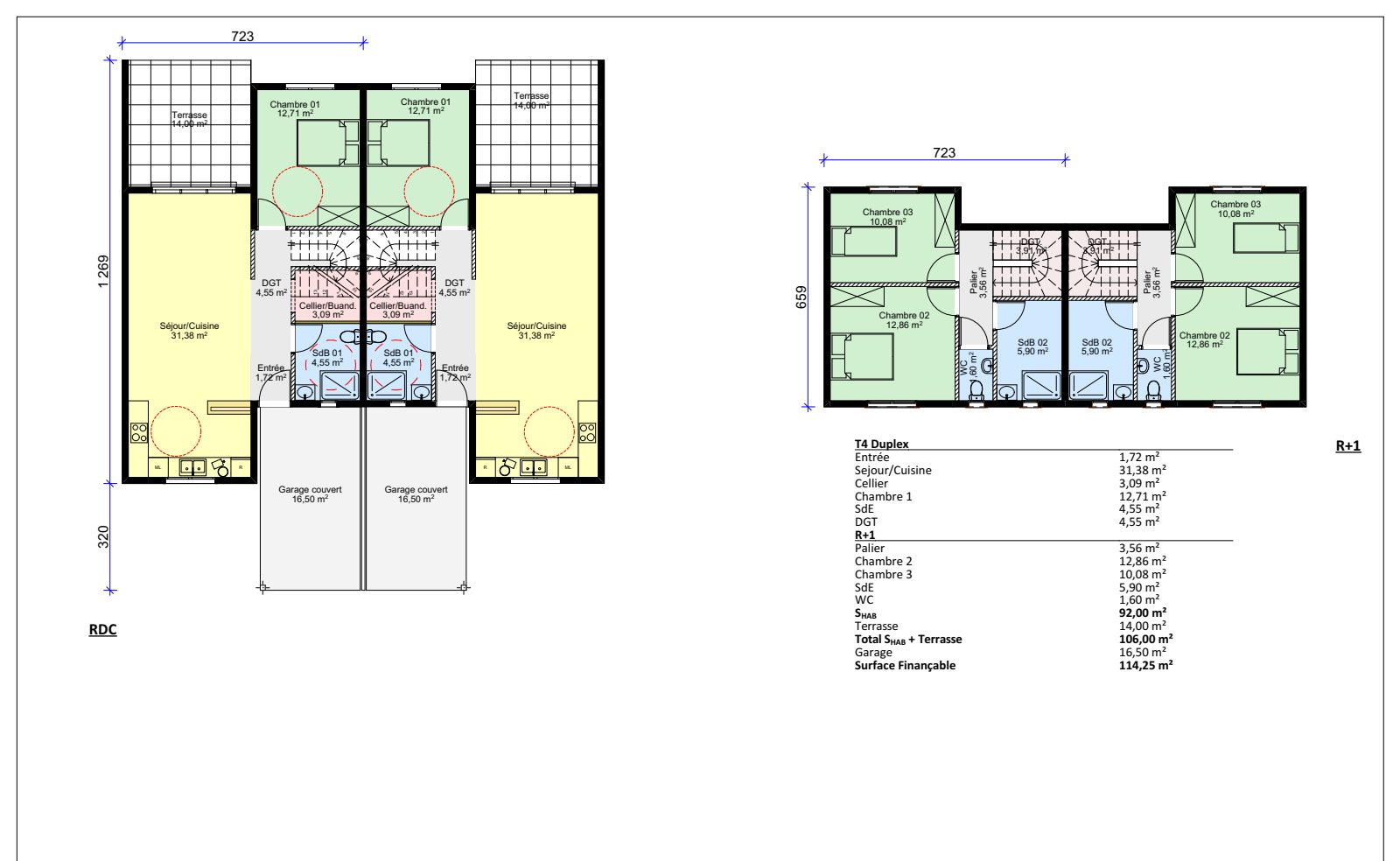 Plan de distribution d'une villa T4 duplex